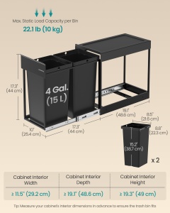 Cos de gunoi culisant Songmics Negru 48.6x25.6x44.0 cm - Img 4