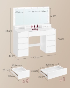 Masa de toaleta cu LED, Kailyn, Vasagle, Alb, 107x40x144 cm - Img 4