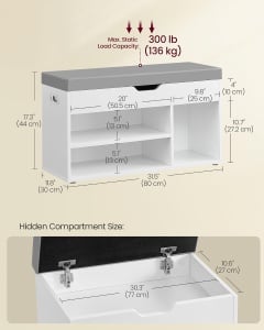 Pantofar bancuta hol cufar cu depozitare, Vasagle, Alb, 80x44x30 cm - Img 5