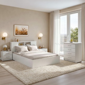 Set 4 buc. dormitor cadru pat si noptiere + comoda, Olympus White, Alb, 221x147.5x84 cm