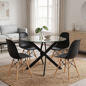 Set masa si scaune dining, 5 buc, Julita Antoro, Negru, 100x100x75 cm