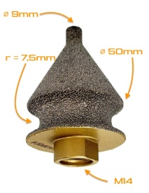 Freza diamantata conica pt. decupaje, largiri, gauri si frezare rotunda muchii in placi ceramice, piatra, 9-50(mm), r=7,5mm, M14- DXDY.FCON.9-50BNR7 - Img 5