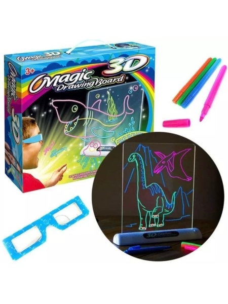Интерактивна 3D дъска, Magic Drawing Board, ярка, прозрачна, с 3D очила, със светодиоди и 4 флуоресцентни карти