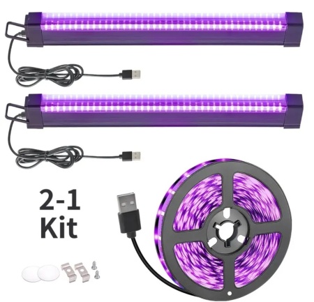 Светещ в тъмното комплект-2 UV LED бара + 1 UV LED лента, 4 светещи ресни с обръч , светещ декор, килимче и огледало
