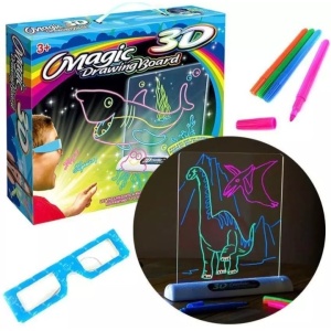 Интерактивна 3D дъска, Magic Drawing Board, ярка, прозрачна, с 3D очила, със светодиоди и 4 флуоресцентни карти