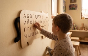 Дъска дървена Български букви „Уча се да пиша“ (89 x 55 см)– Монтесори дъска за стена - Img 2