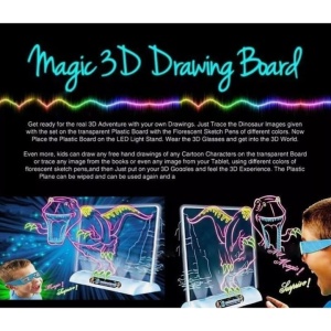 Интерактивна 3D дъска, Magic Drawing Board, ярка, прозрачна, с 3D очила, със светодиоди и 4 флуоресцентни карти