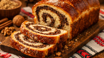 Cozonac tradițional românesc de Crăciun, pufos, cu nucă și cacao, preparat în luna decembrie