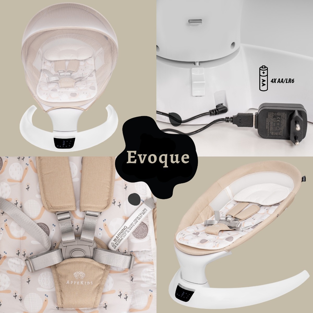 Leagan electric pentru bebelusi, cu spatar reglabil si senzor de miscare, AppeKids Evoque - Bubble Beige - 3 | YEO