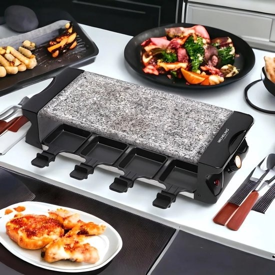 Gratar electric Raclette MICHELINO 74384, piatra naturala din granit, 1200 W, 8 tigai antiaderente, baza din otel inoxidabil - 1 | YEO