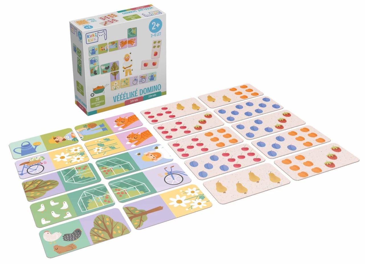 Joc educational pentru copii, Domino piese mari gigant, KuKiKuk Efko,28 piese printate pe ambele fete cu fructe si obiecte gradinarit, carton gros, animatii colorate haioase, varsta 2-6 ani - 1 | YEO