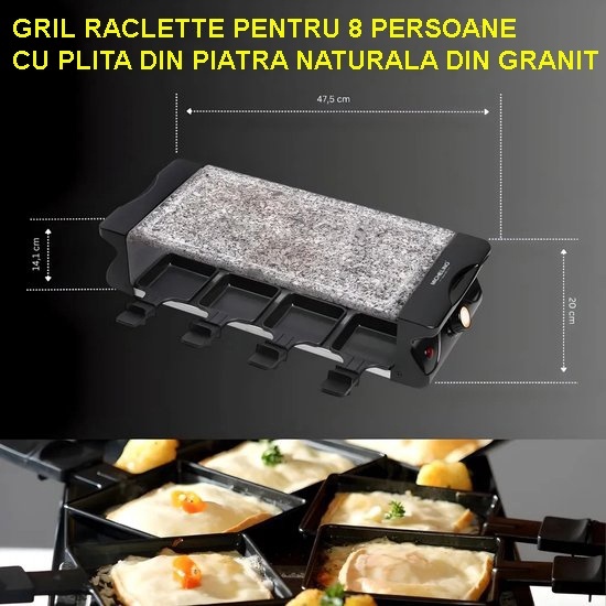 Gratar electric Raclette MICHELINO 74384, piatra naturala din granit, 1200 W, 8 tigai antiaderente, baza din otel inoxidabil - 2 | YEO