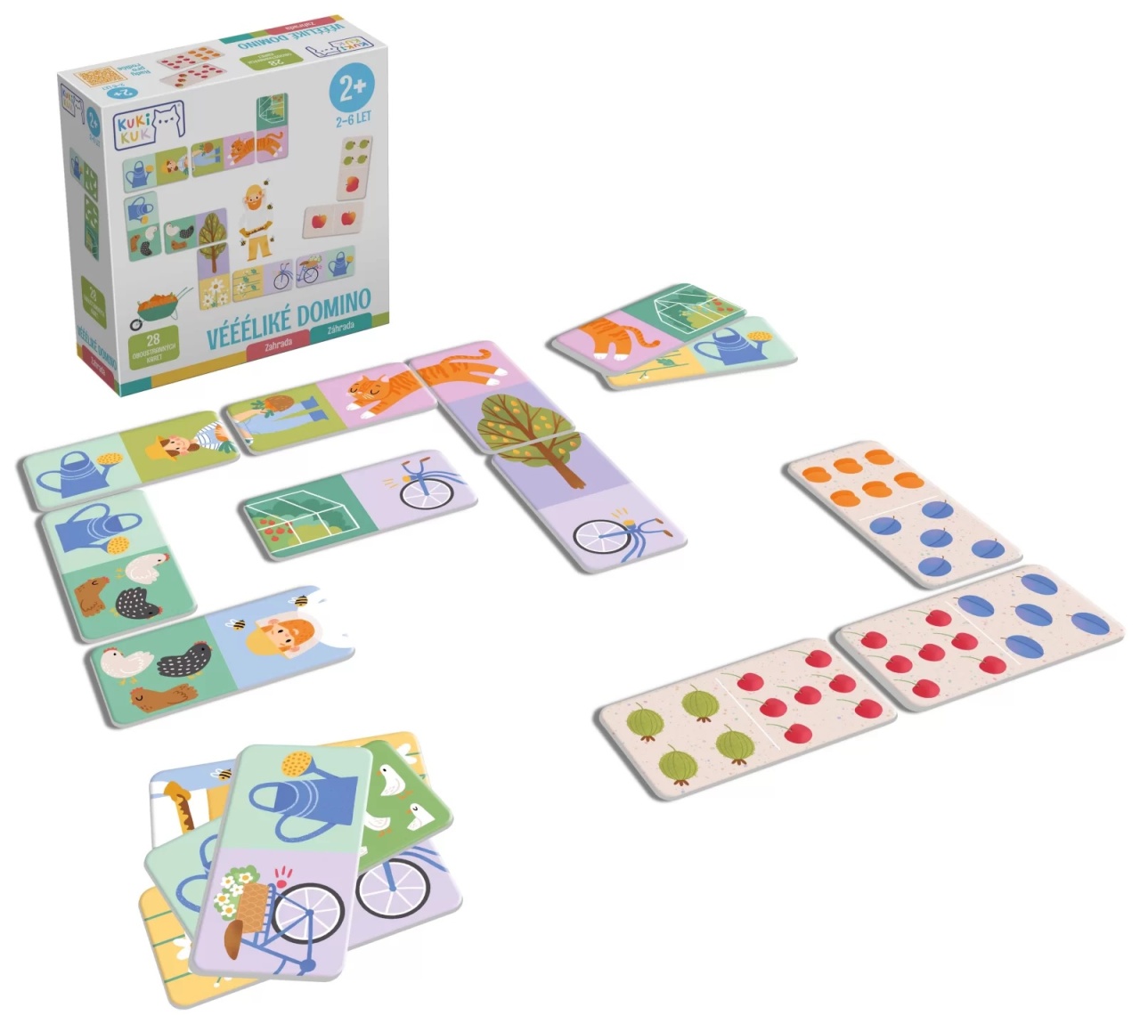 Joc educational pentru copii, Domino piese mari gigant, KuKiKuk Efko,28 piese printate pe ambele fete cu fructe si obiecte gradinarit, carton gros, animatii colorate haioase, varsta 2-6 ani - 2 | YEO