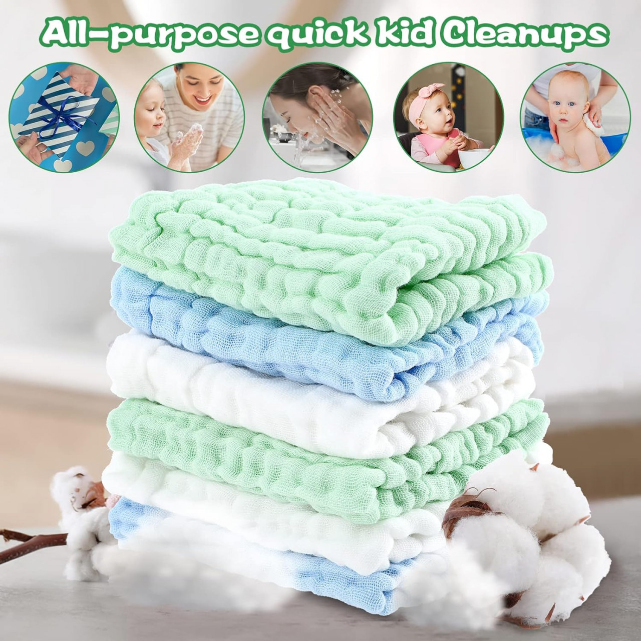 Set de 6 prosoape pentru bebelusi Sibba, microfibra, alb/verde/albastru, 30 x 30 cm - 2 | YEO