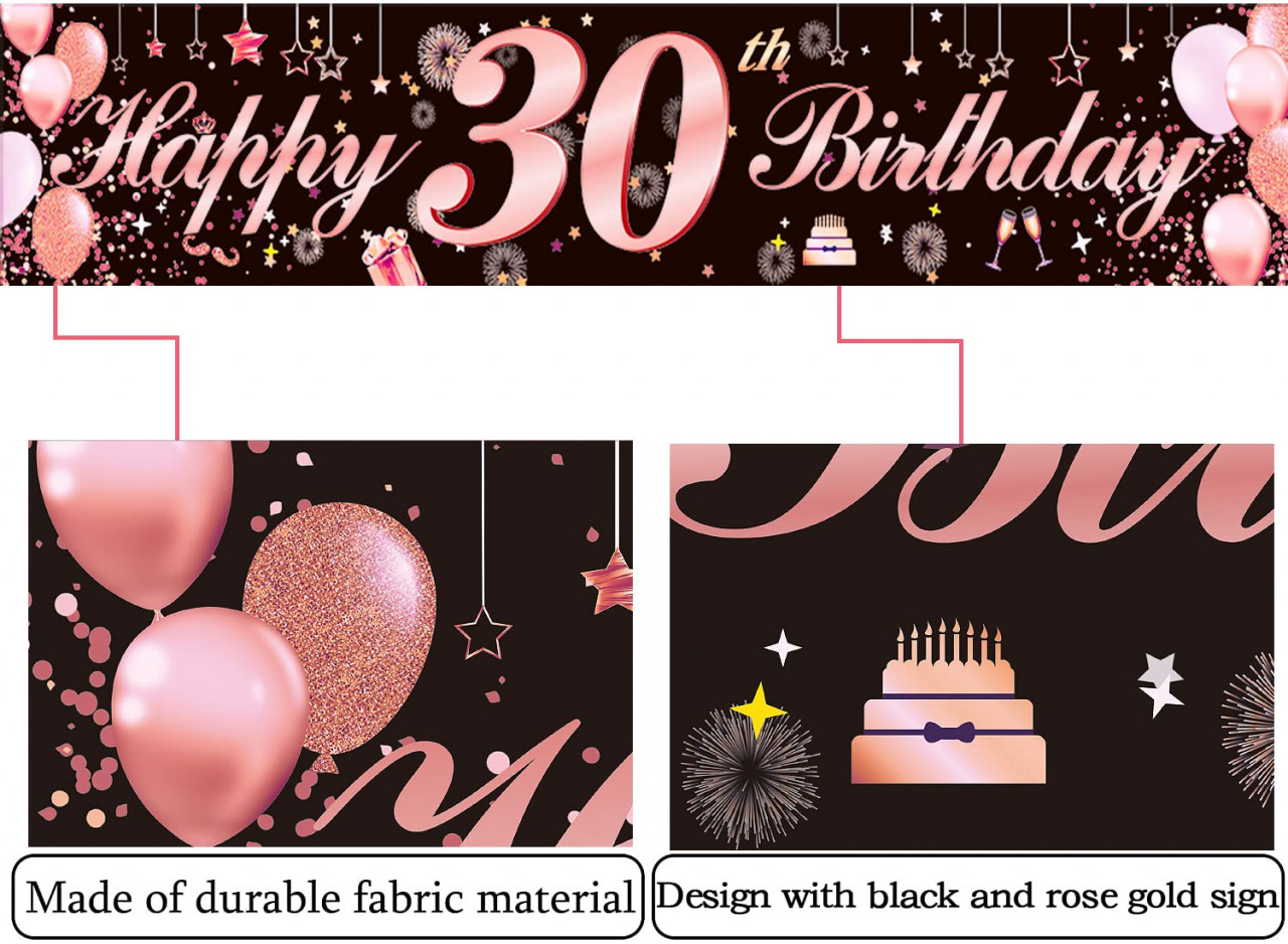 Banner aniversar JEFFOUOO, 30 ani, poliester, negru/rose, 38 x 204 cm - 1 | YEO