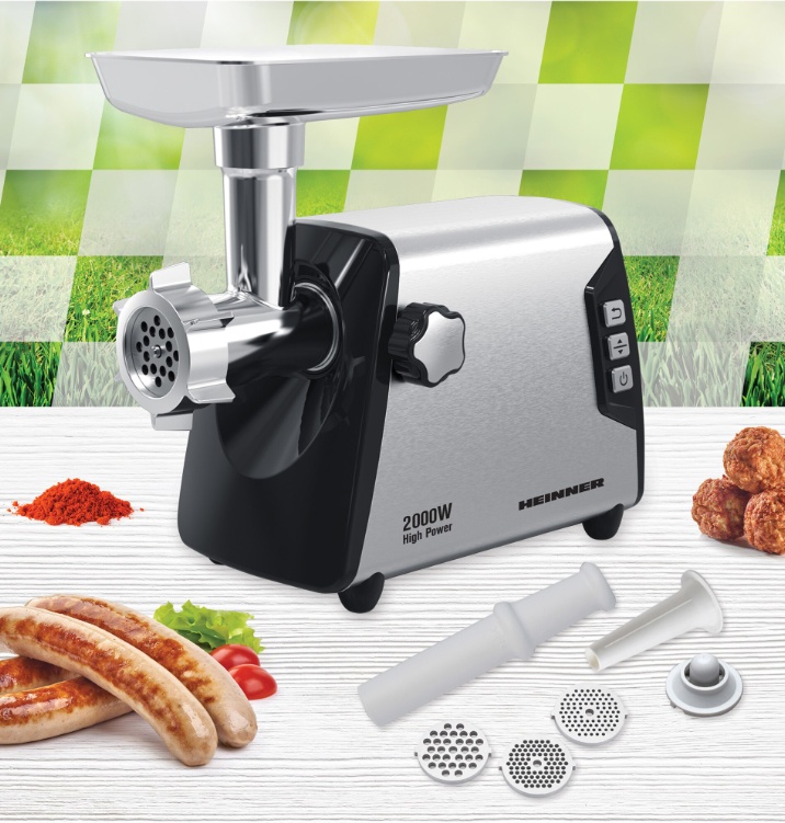 Masina de tocat Heinner HMG-Y2000SS, 2000W, angrenaj metalic si carcasa din aluminiu, capacitate tocare de 3kg/min, cutit inox, 3 site metalice, buton switch cu 2 viteze, functie reverse, carcasa inox, negru/argintiu, RESIGILAT, 1 AN GARANTIE - 1 | YEO