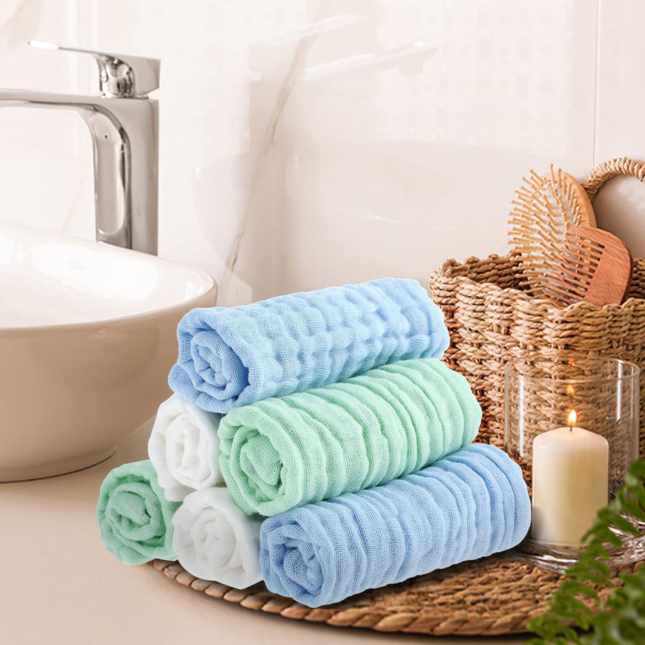 Set de 6 prosoape pentru bebelusi Sibba, microfibra, alb/verde/albastru, 30 x 30 cm - 3 | YEO