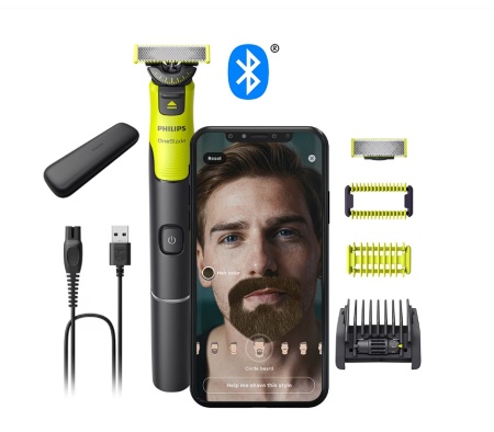 Aparat hibrid de barbierit, tuns barba si parul corporal PHILIPS OneBlade 360 QP4631/65, pieptene reglabil 5 in 1, reincarcabil, conectivitate Bluetooth, umed si uscat, 60 min, toc de transport, lama 360 inlocuibila suplimentara, Resigilat, Grad A - Img 1