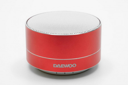 Boxa portabila fara fir Daewoo, metal, rosu, Bluetooth, USB, 300mAh, radio FM, 3 W, 4 x 7 cm