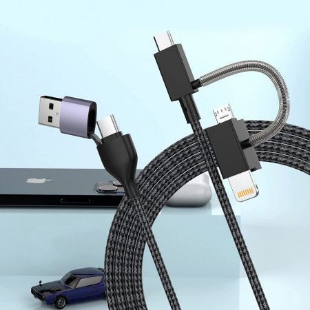 Cablu de incarcare USB 4 in 1 MTAKYI, C /C si Micro USB, negru/gri, 1,8 m