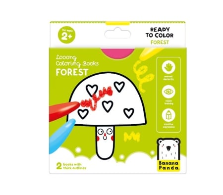 Carte de colorat pentru bebelusi Banana Panda Ready To Colour, Animale din Padure, 23 ilustratii simple, 2 carti tip acordeon, 96 cm lungime