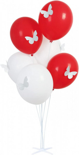 Copac cu 6 baloane cu 6 autocolante fluture PARTY GO, latex/plastic, rosu/alb, 80 cm