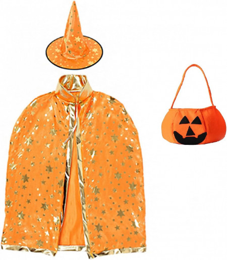 Costum de Halloween Hallojojo, 3 piese, poliester, auriu/portocaliu, potrivit pentru inaltimi de la 90 la 140 cm