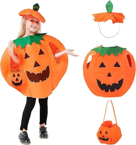 Costum pentru Halloween Hxozmy, model bostan, textil, portocaliu/verde, 3 piese