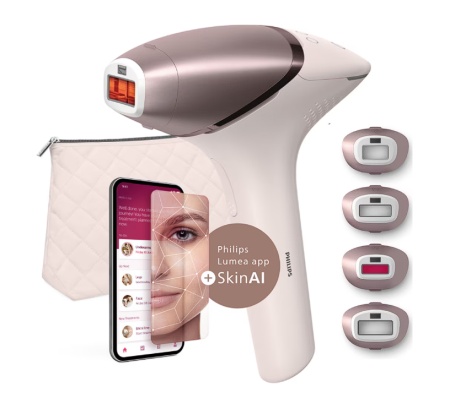 Epilator IPL Philips Lumea Seria 9900 BRI977/00, Senzor Smartskin, tehnologie SenseIQ, conectare la aplicatie cu functii Skin AI, utilizare cu sau fara fir, 450.000 impusuri, accesoriu fata, corp, axila si inghinal, Roz pudra, Resigilat, Grad A