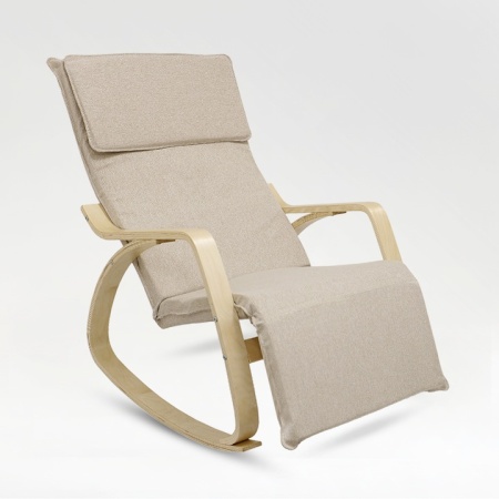 Fotoliu balansoar Kiwari® Zein, suport picioare, cadru metalic cu brate din lemn, 120x67x90 cm, material textil poliester, husa detasabila, Bej, Resigilat, Grad A