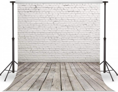 Fundal foto caramida perete si podea din lemn LYWYGG, vinil, alb, 2,4 x 2,4 m - Img 1