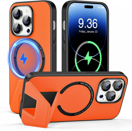 Husa magnetica pentru iPhone 14 UNDEUX, piele PU, portocaliu, 6,1 inchi