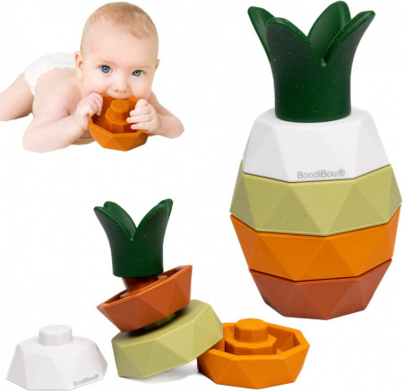 Jucarie educativa Montessori pentru bebelusi BoodiBou, silicon, multicolor , 10,5 x 7,2 x 6,2 cm