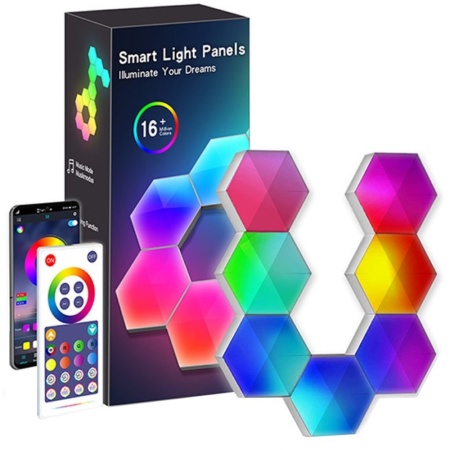 Lampa Modulara Inteligenta tip Hexagon cu Aprindere prin Atingere Led RGB, 6 Panouri Tactile, Voice Control, App/control IOS/Android, Alexa/Google Home, Wi-Fi, Port USB, Telecomanda Inclusa