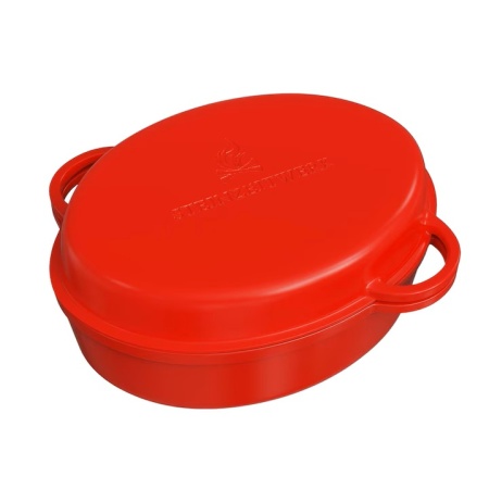Oala cu capac Steinzeitwerk din fonta emailata, 6 l, 8kg, 2in1, pentru cuptor, plita, gaz, electric, cu inductie, ovala, 35x25x17 cm, Rosu, Resigilat, Grad A