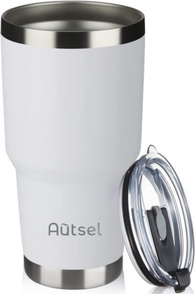 Pahar termic cu capac Autsel, otel inoxidabil, alb/argintiu, 900 ml