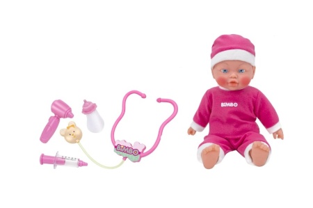 Papusa bebelus 35 cm interactiva, Globo Bimbo, cu pijama moale si caciulita, accesorii hranire, biberon, stetoscop si alte accesorii doctor pentru ingrijire