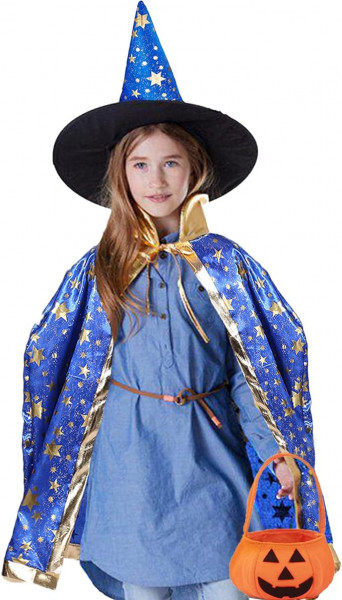 Pelerina cu palarie si cosulet de Halloween pentru copii GugnRyAc, poliester, albastru, 80 cm