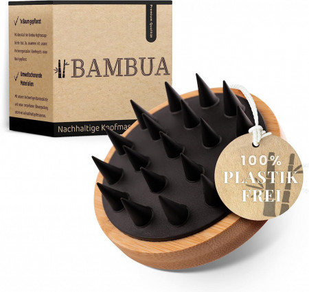 Perie de masaj pentru scalp BAMBUA, bambus/silicon, natur/negru, 9 x 9 x 6 cm