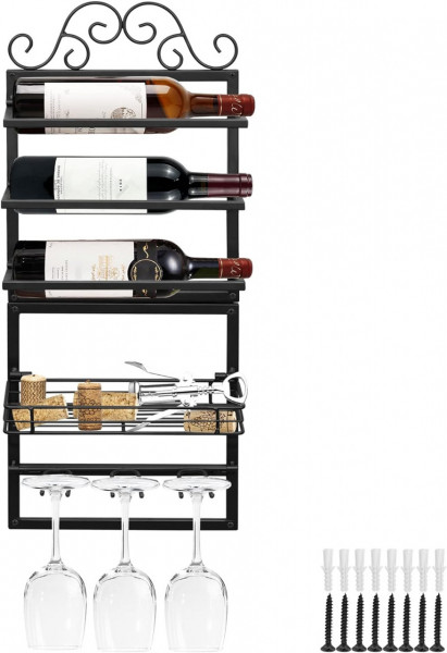Raft decorativ pentru 3 sticle de vin si 3 pahare MERYSAN, metal, negru ,64 x 26 cm