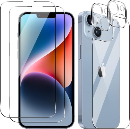 Set 2 folii ecran, una spate si 2 pentru camera pentru iPhone 14 Plus Effcotuo, sticla securizata, transparent, 6,7 inchi