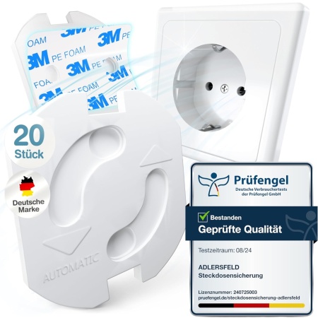 Set 20 protectii pentru priza cu adeziv Adlersfeld, cu mecanism de rasucire, plastic, alb