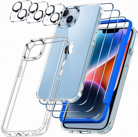 Set 3 folii pentru ecran, o husa si 3 folii pentru camera compatibile cu iPhone 14 Plus, sticla securizata/silicon, transparent/negru, 6,7 inchi