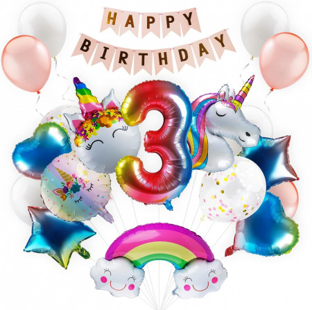 Set aniversar Balloono, cifra 3, folie/latex, multicolor, 21 piese