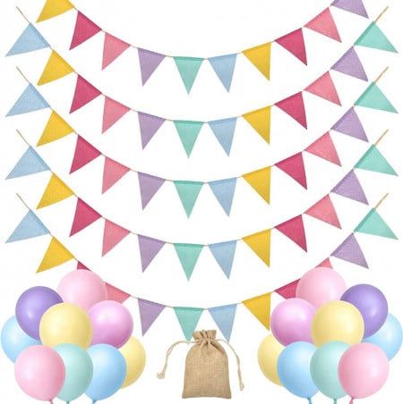 Set aniversar cu banner cu 60 de steaguri si 18 baloane KBJUH, multicolor, latex/PVC - Img 1