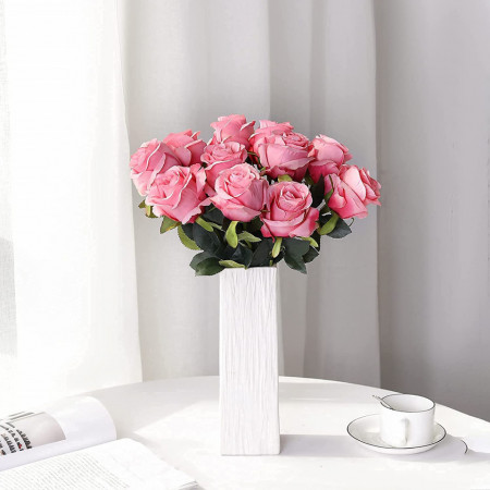 Set de 10 trandafiri artificiali Hawesome, matase/plastic, verde/roz 54 cm - Img 1