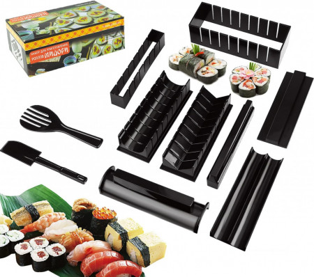 Set de 10 ustensile pentru preparare sushi JJYHEHOT, plastic, negru