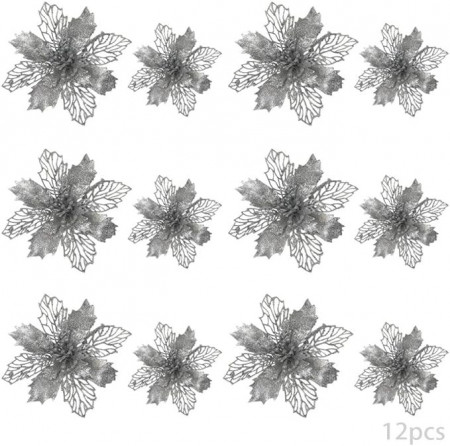 Set de 12 flori artificiale de Craciun TDCQ, textil, argintiu