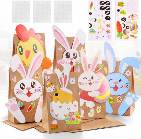 Set de 12 pungi cadou cu autocolante carduri cu animale si adeziv DazSpirit, hartie, multicolor, 22 x 12 x 8 cm