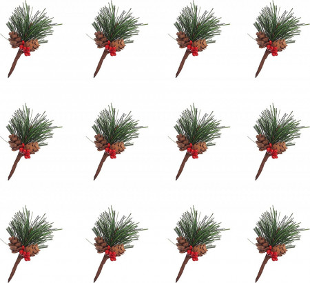 Set de 12 ramuri de pin artificiale de Craciun, plastic, multicolor, 8 cm - Img 1